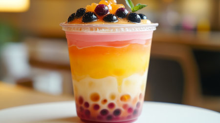 A close-up of a bubble tea cup with a mix of colorful layers and tapioca pearls, neatly displayed on a white surface.の素材