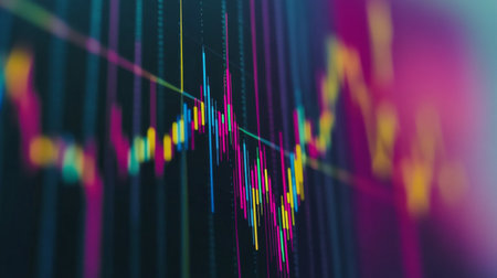 A close-up of a computer screen displaying a colorful stock chart with rising and falling trends, indicating market fluctuations.の素材