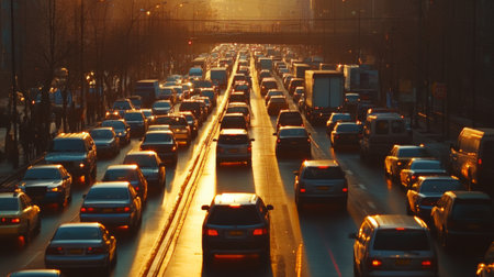 A busy street with cars and trucks in a standstill, showcasing the gridlock and long lines of vehicles.の素材