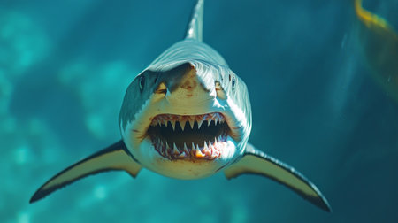 A close-up of a fierce shark with bared teeth and intense eyes, swimming in clear blue ocean waterの素材