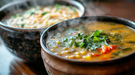 A close-up of a bowl of steaming hot Thai tom kha soup and Indian lentil soup, side by side, showcasing rich flavors and textures.の素材