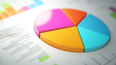 A close-up of a business report with a pie chart, featuring sections in different colors and a legend for easy data interpretation.の素材