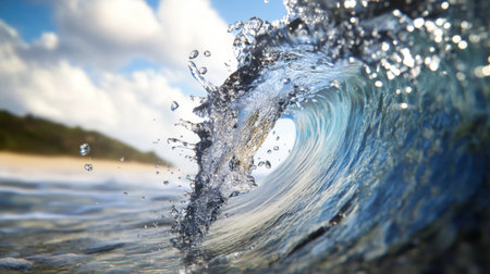 A close-up of a single wave breaking, with droplets of water suspended in the air and a focus on the movement and energyの素材