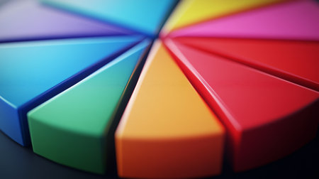 A close-up of a colorful business pie chart with segmented sections, showcasing data distribution and a clean, professional design.の素材