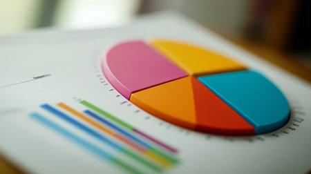 A close-up of a pie chart in a business presentation slide, with segmented colors and percentage labels for clear data visualizationの素材