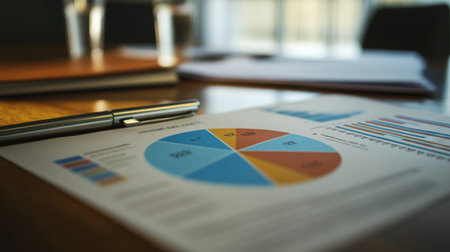 A close-up of a printed pie chart on a meeting table, surrounded by documents and pens, illustrating data analysis.の素材
