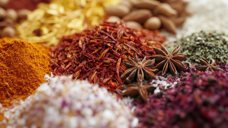 A close-up of a variety of exotic spices such as saffron, star anise, and sumac, arranged neatly on a white surface.の素材