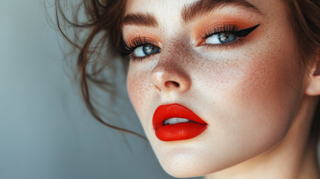 A close-up of a woman with bold makeup, such as vibrant lipstick or eyeliner, highlighting her striking features and artistic style.の素材