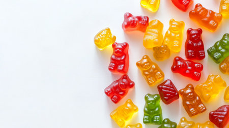 A close-up of assorted colorful gummy bears scattered on a white background, showcasing their transparency and bright colors.の素材