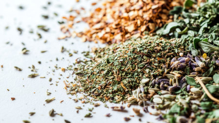 A close-up of dried herbs such as oregano, thyme, and parsley scattered across a white background, showcasing their textures.の素材