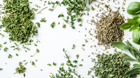 A close-up of dried herbs such as oregano, thyme, and parsley scattered across a white background, showcasing their textures.の素材