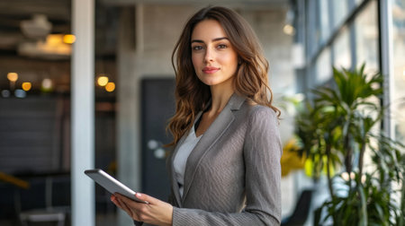 A confident businesswoman in a sleek blazer holding a tablet, looking focused and ready for a meeting in a modern office environment.の素材