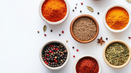 A close-up of an assortment of spices in small bowls on a white background, including peppercorns, paprika, and cumin.の素材