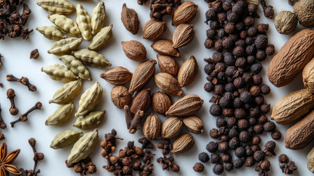 A close-up of aromatic spices like cardamom pods, cloves, and nutmeg arranged on a white surface for a classic look.の素材