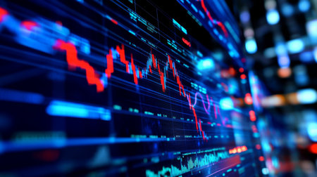 A computer monitor displaying a real-time stock chart with fluctuating prices and volumes, indicating live market activity.の素材