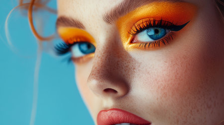 A close-up shot of a woman with vibrant eye makeup and a graceful expression, emphasizing her striking facial features.の素材