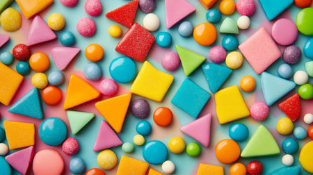 A detailed photo of vibrant, multi-colored candy pieces arranged in a geometric pattern, creating a visually appealing and dynamic image.の素材