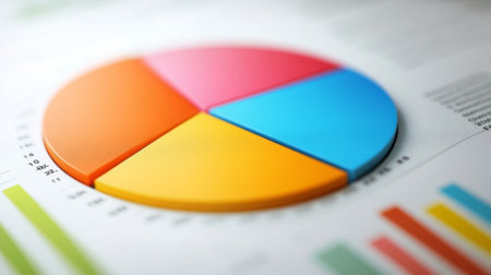 A detailed shot of a business presentation slide featuring a pie chart, with a focus on the segmented sections and accompanying data labels.の素材