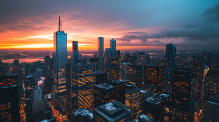A dramatic cityscape at dusk, with high-rise buildings illuminated by the sunset and the sky transitioning from orange to deep blue.の素材