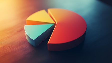 A detailed view of a pie chart with 3D effects and shadows, illustrating business data with a modern and dynamic look.の素材