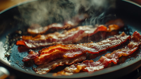 A detailed view of a frying pan with sizzling bacon, highlighting the crisp texture and the cooking process.の素材