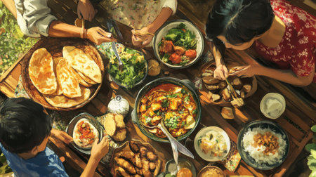 A family enjoying a picnic with a mix of Thai and Indian dishes, including spicy curries, fresh salads, and traditional breads.の素材