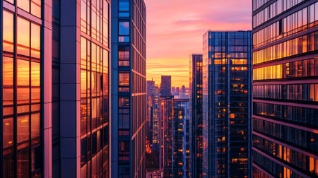 A detailed shot of a skyline at dusk, with tall buildings and the sunset sky reflecting in the windows, creating a dramatic contrast.の素材