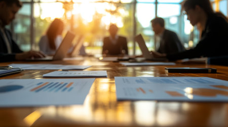 A focused shot of a business team collaborating on a project, with documents and laptops spread out on a meeting table.の素材