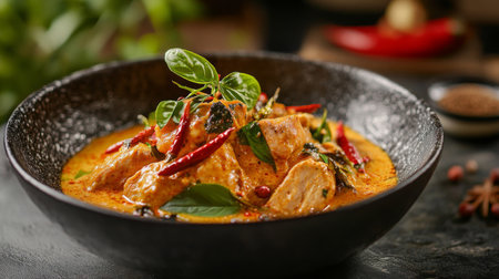 A detailed view of a fusion dish combining Thai and Indian flavors, such as Thai red curry chicken with Indian spices.の素材