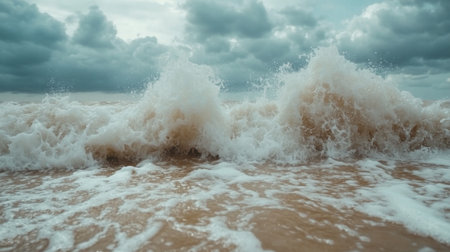 A dynamic shot of ocean waves crashing against the shore, with foamy white crests and a dramatic sky in the background.の素材