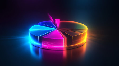 Vibrant 3D pie chart with radiant, glowing segments highlighting financial data distribution.の素材