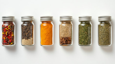 A clean image of various spices in small glass jars with lids open, showcasing the vibrant colors and textures against a white backdrop.の素材