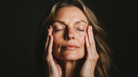 A 50-year-old woman massaging her face with gentle, circular motions, illustrating a self-care skincare routine.の素材