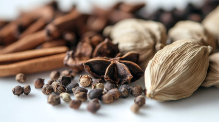 A close-up of aromatic spices like cardamom pods, cloves, and nutmeg arranged on a white surface for a classic look.の素材