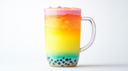 A fresh bubble tea in a transparent cup, with colorful layers and tapioca pearls clearly visible, set on a white background.の素材