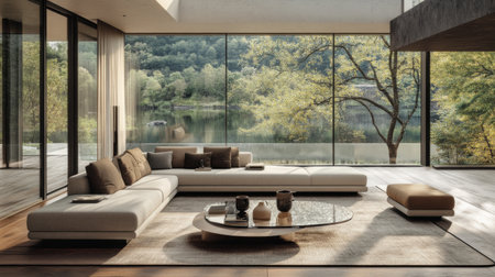 A contemporary living room with floor-to-ceiling windows, a stylish sofa, and a glass coffee table with a unique centerpiece.の素材