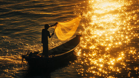 A fisherman casting a net into the sea from a small boat at dawn, with the early morning light illuminating the scene.の素材