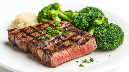 A delectable steak dinner featuring a New York strip, grilled to perfection, with a side of steamed broccoli on a white backgroundの素材