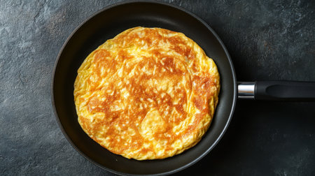 A detailed shot of a frying pan with a perfectly cooked omelette, showing the smooth surface and even cookingの素材