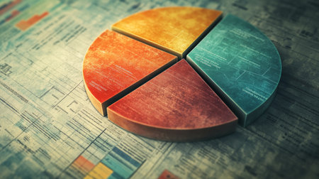A detailed view of a pie chart with a textured background, highlighting data segments with distinct colors and clear labeling.の素材