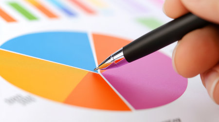 A hand holding a pen, pointing to a specific segment of a pie chart, emphasizing a significant data point.の素材