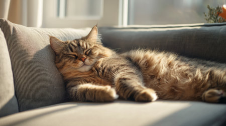 A high-resolution image of a fat, relaxed cat resting on a modern sofa, with its fluffy body and peaceful nap clearly visible.の素材