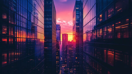 A high-quality image of modern skyscrapers with a sunset sky in the background, capturing the contrast of the illuminated city against the fading light.の素材