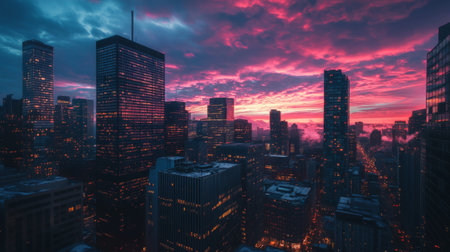 A high-quality photo of a modern cityscape with tall buildings and a stunning sunset sky, capturing the transition from day to night.の素材