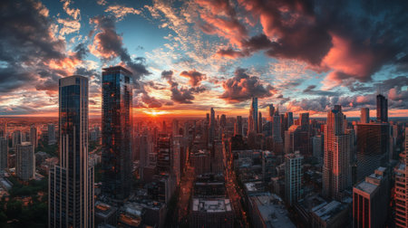 A high-quality photo of a modern cityscape with tall buildings and a stunning sunset sky, capturing the transition from day to night.の素材