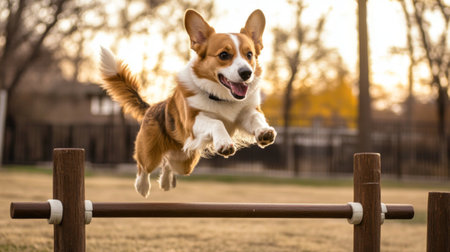 A high-quality photo of a dog jumping over an obstacle in an agility course, showing its athleticism and enthusiasm during playtime.の素材