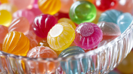 A high-resolution image of brightly colored candy in a clear glass bowl, with the focus on their vivid colors and glossy surfaces.の素材
