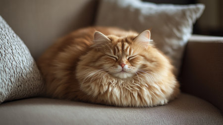 A high-quality photo of a fat, fluffy cat nestled comfortably on a sofa, with a focus on its round shape and the soft sofa fabric.の素材