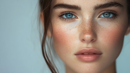A high-resolution photo of a woman face with minimal makeup, highlighting her natural beauty and clear skin.の素材