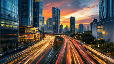 A high-quality photo of a modern cityscape with tall buildings and a stunning sunset sky, capturing the transition from day to night.の素材